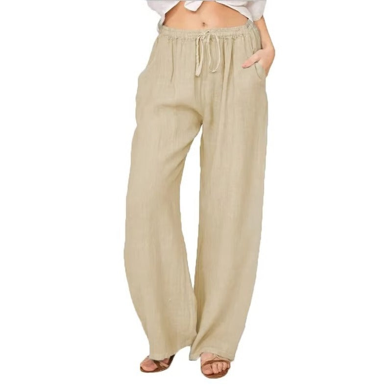 Women’s Wide Leg Trousers in Cotton-Linen Blend with Elastic Waist and Pockets