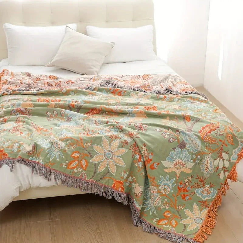 Floral Cotton Throw Blanket with Bohemian Fringe Accents