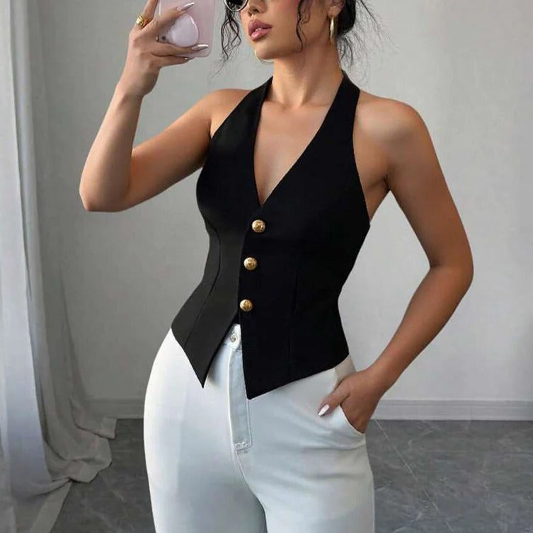 Tailored Fit Sleeveless Blazer Vest for Women with Button Closure