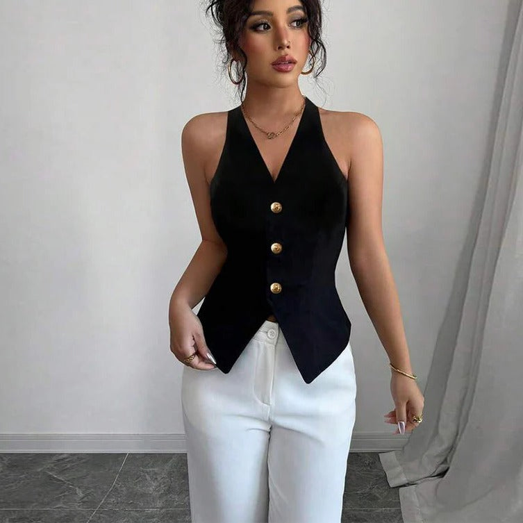 Tailored Fit Sleeveless Blazer Vest for Women with Button Closure