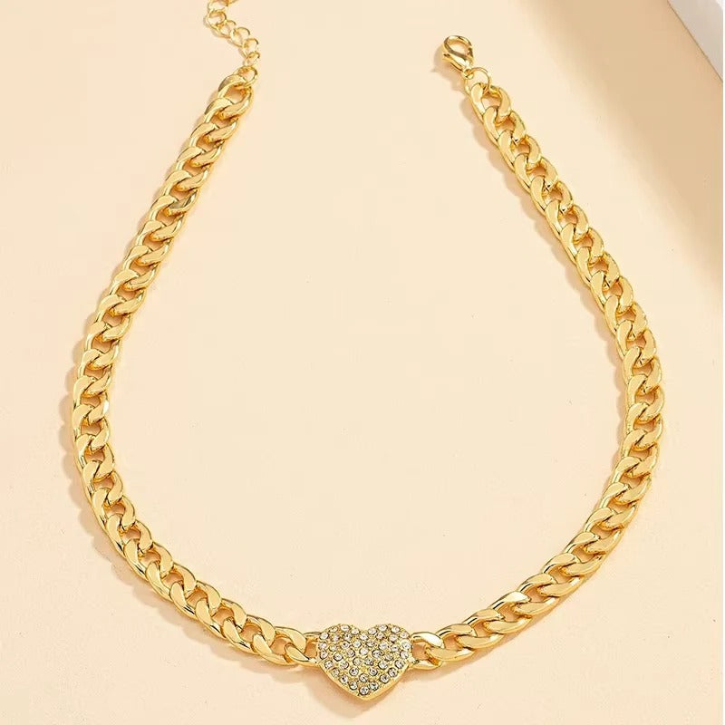 Women's Choker Necklace with Rhinestone Accents and Heart Pendant