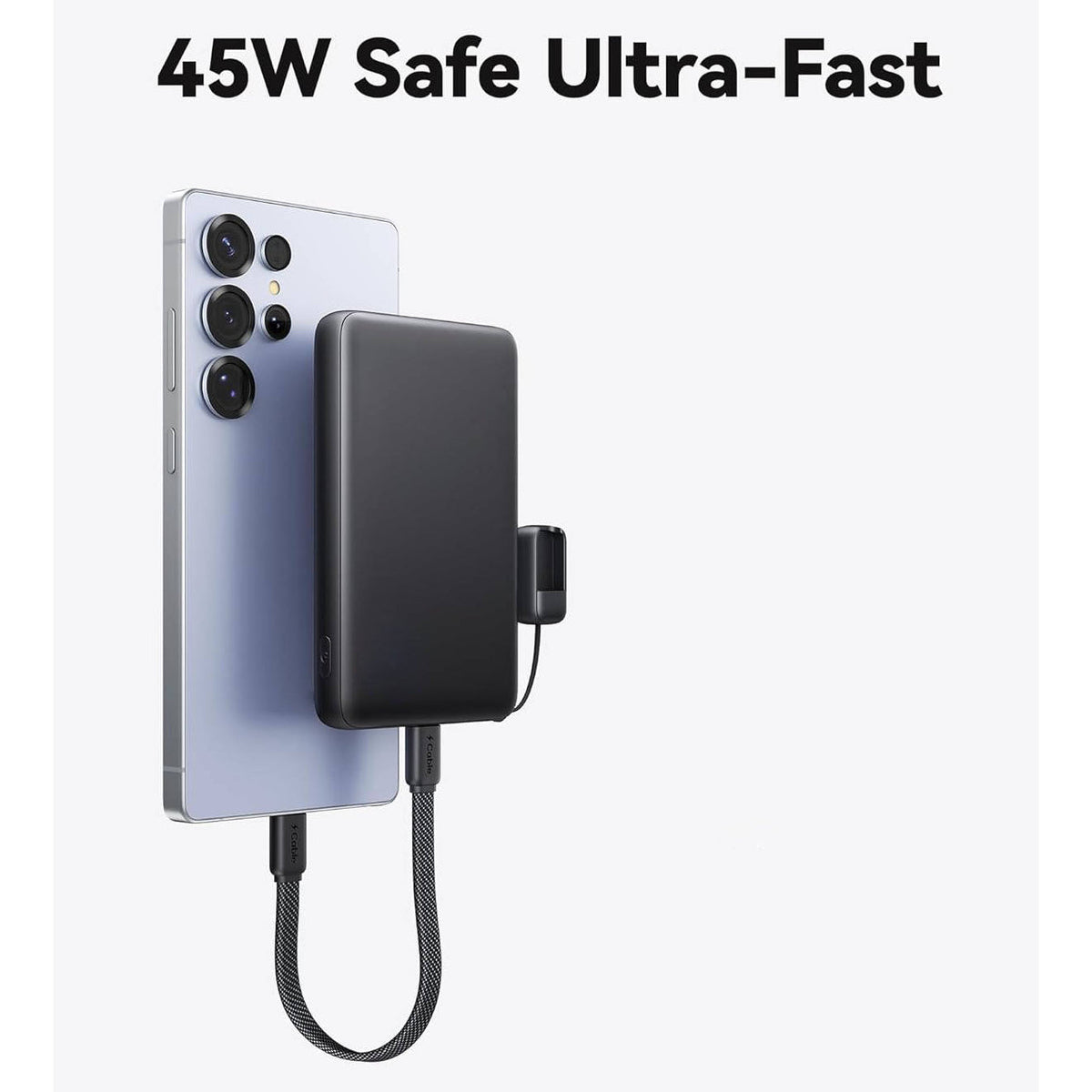 Portable 10000mAh Power Bank with 45W Output and Integrated USB-C Cable