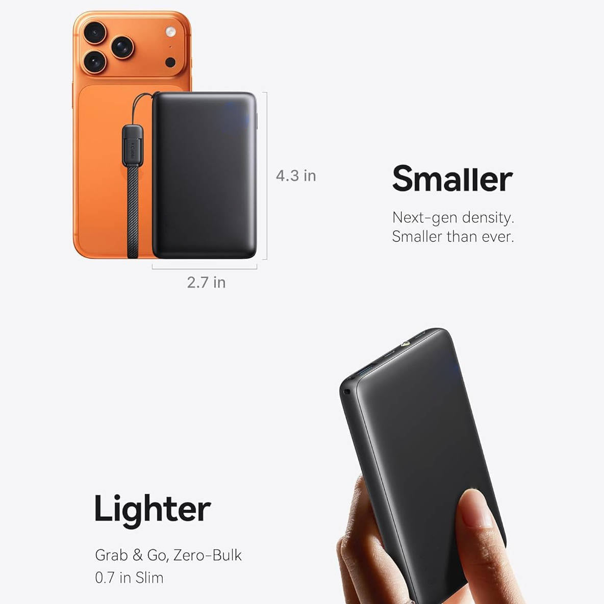 Portable 10000mAh Power Bank with 45W Output and Integrated USB-C Cable