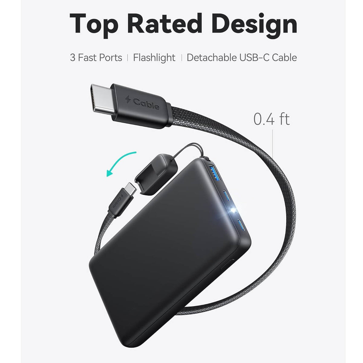 Portable 10000mAh Power Bank with 45W Output and Integrated USB-C Cable