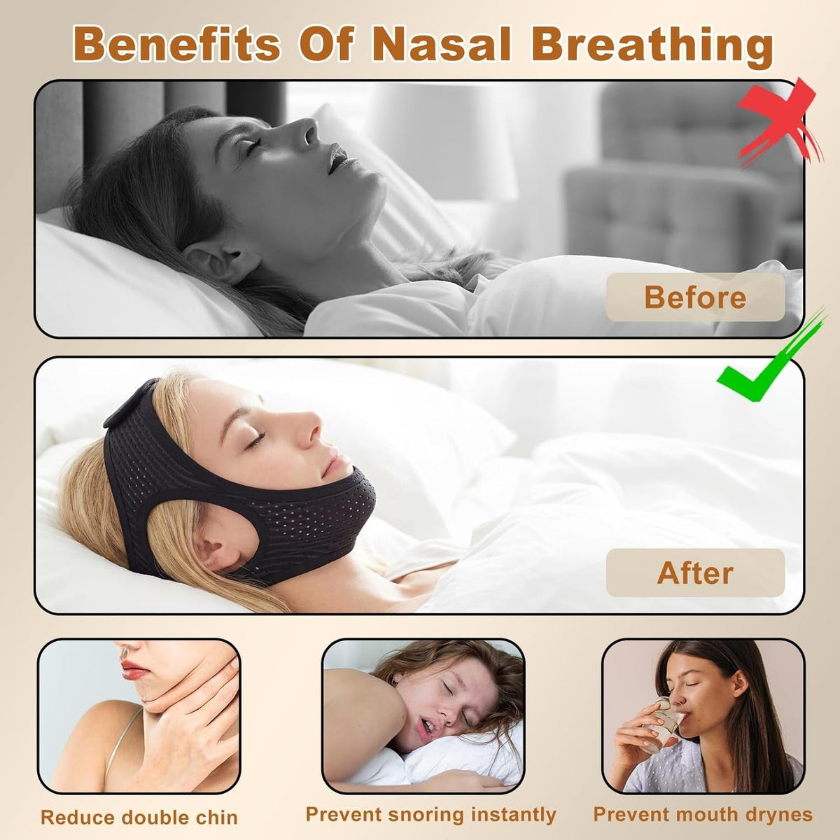 Snoring Support Chin Strap for Nighttime Mouth Closure - Adjustable Fit