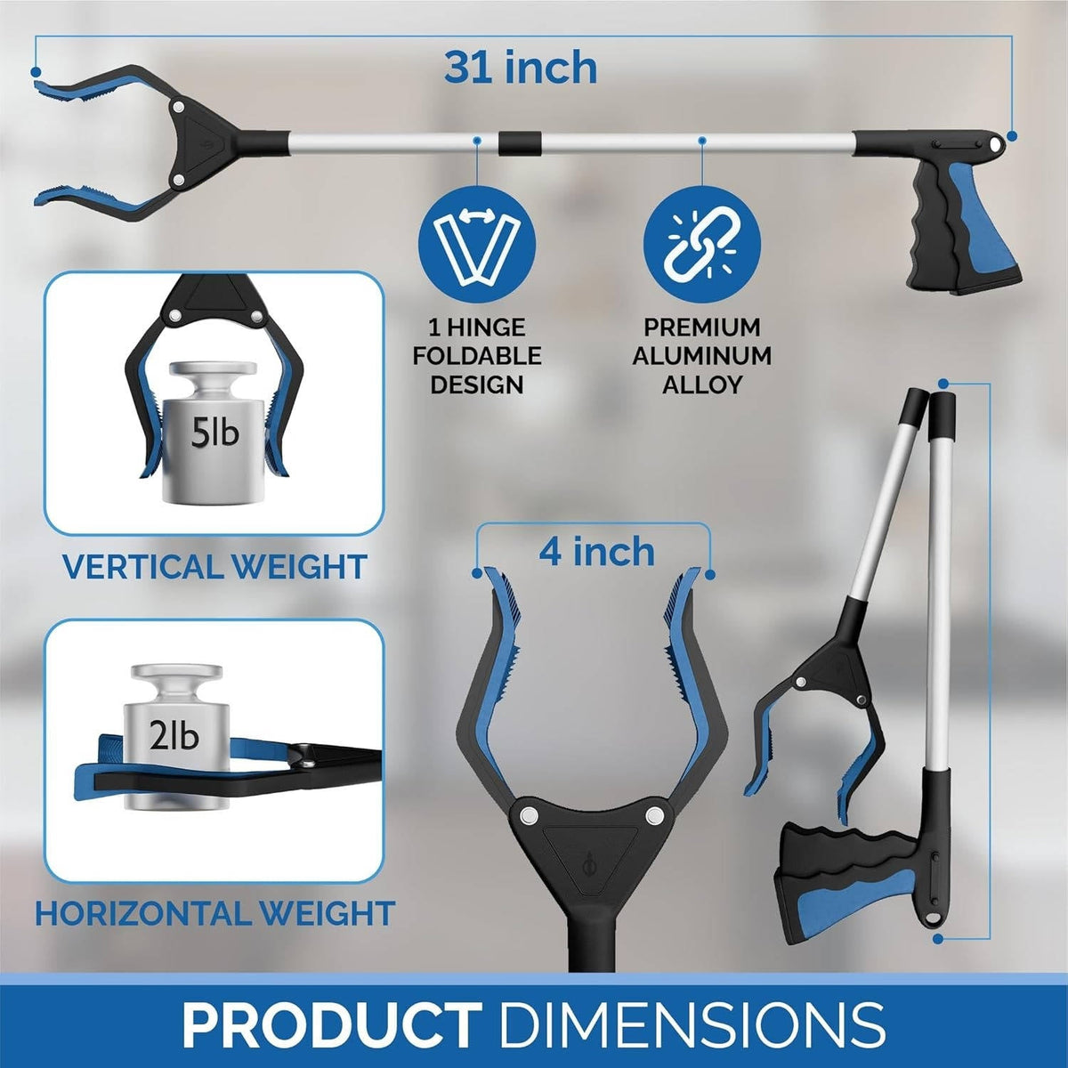Foldable Handle Grabber Tool with Magnetic Wide Jaw