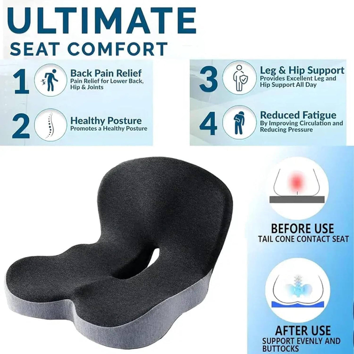 Contoured Support Seat Cushion in Memory Foam for Office and Car Chairs