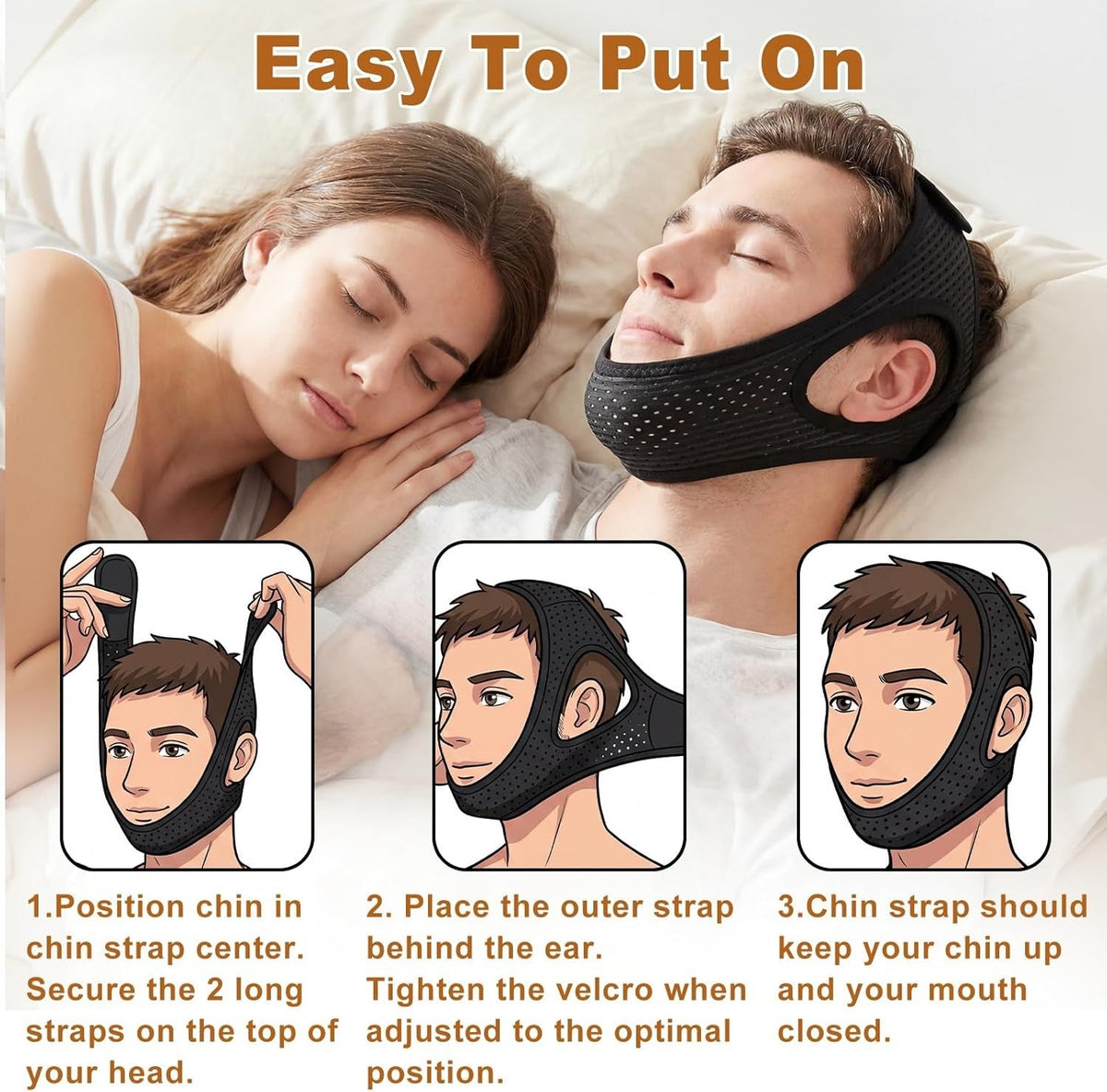 Snoring Support Chin Strap for Nighttime Mouth Closure - Adjustable Fit