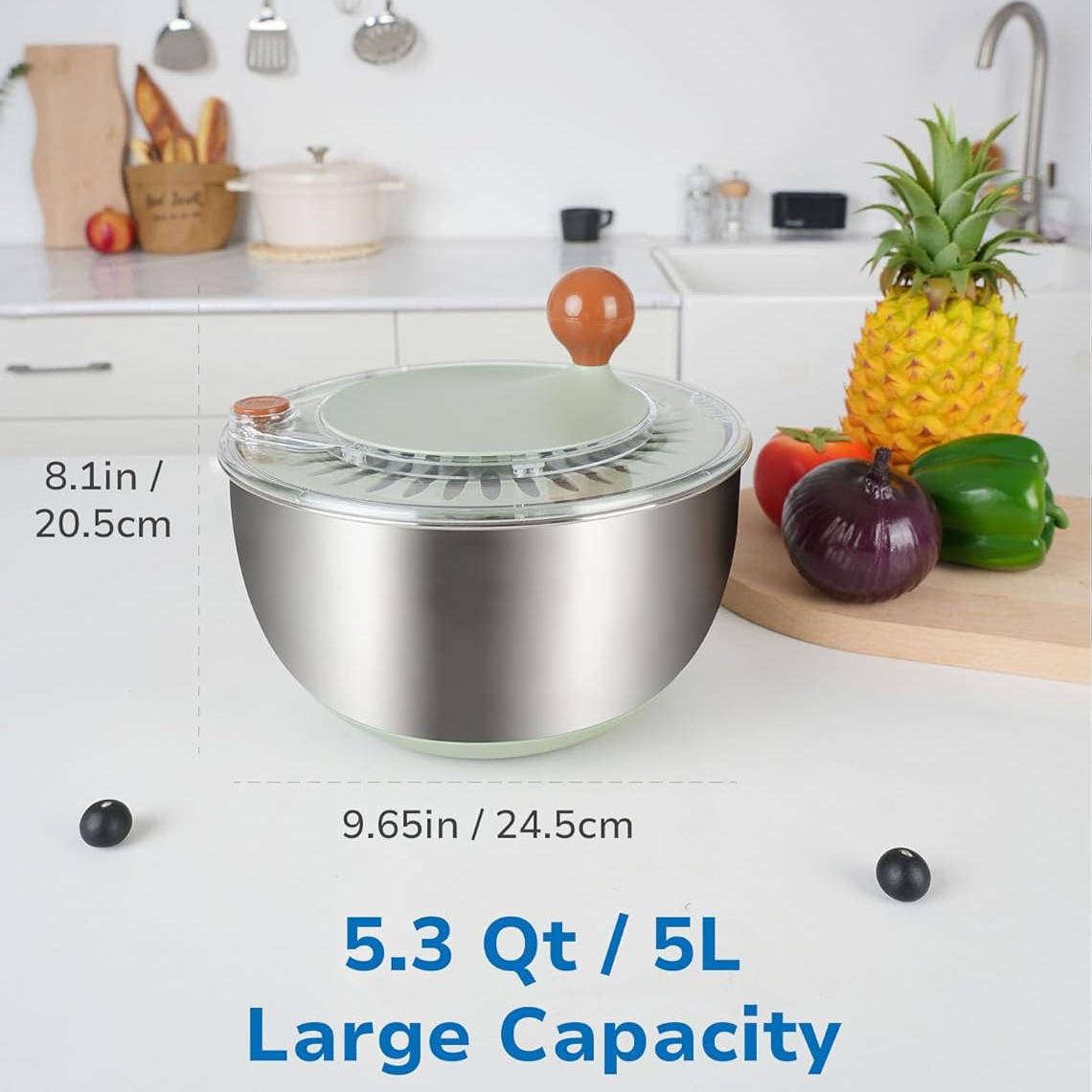 Salad Spinner Made of Stainless Steel with Drain Spout and Non-Slip Lid