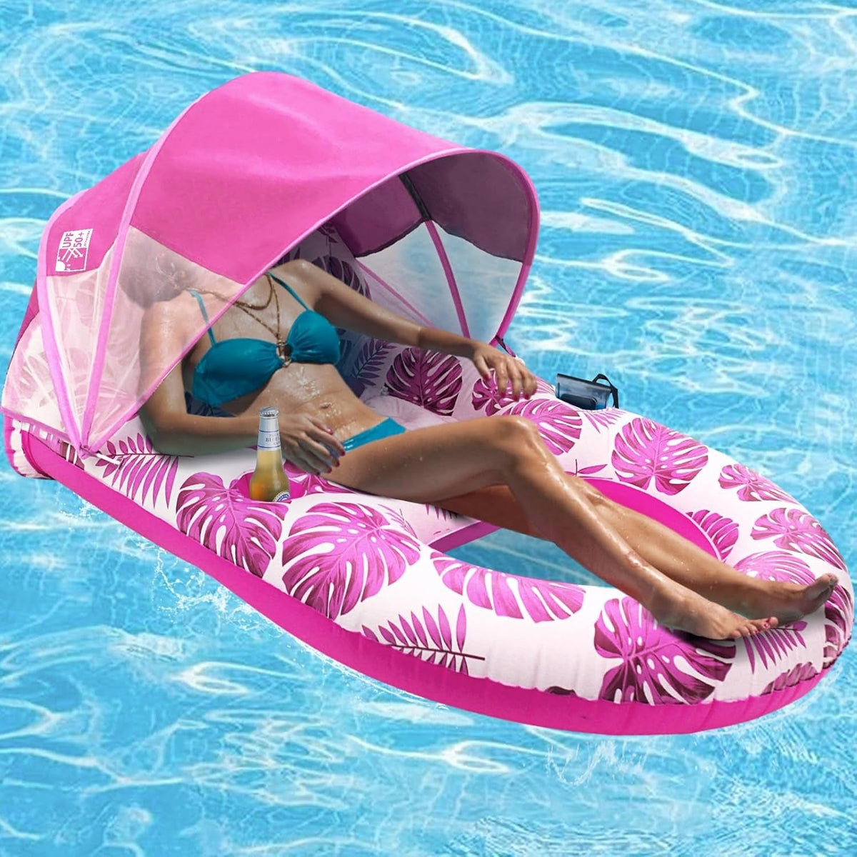 Spacious Pool Float with Canopy, Drink and Phone Holders, Backrest