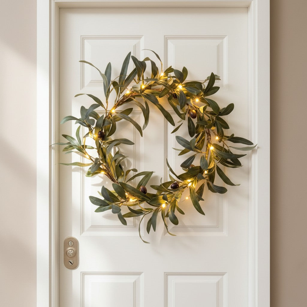 Olive Leaf Wreath with Warm Fairy Lights for Door Decoration