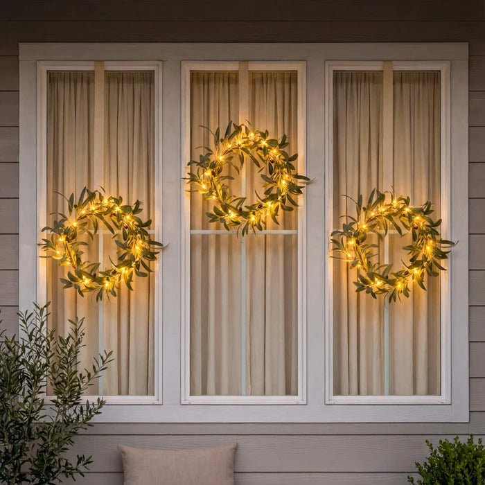 Olive Leaf Wreath with Warm Fairy Lights for Door Decoration