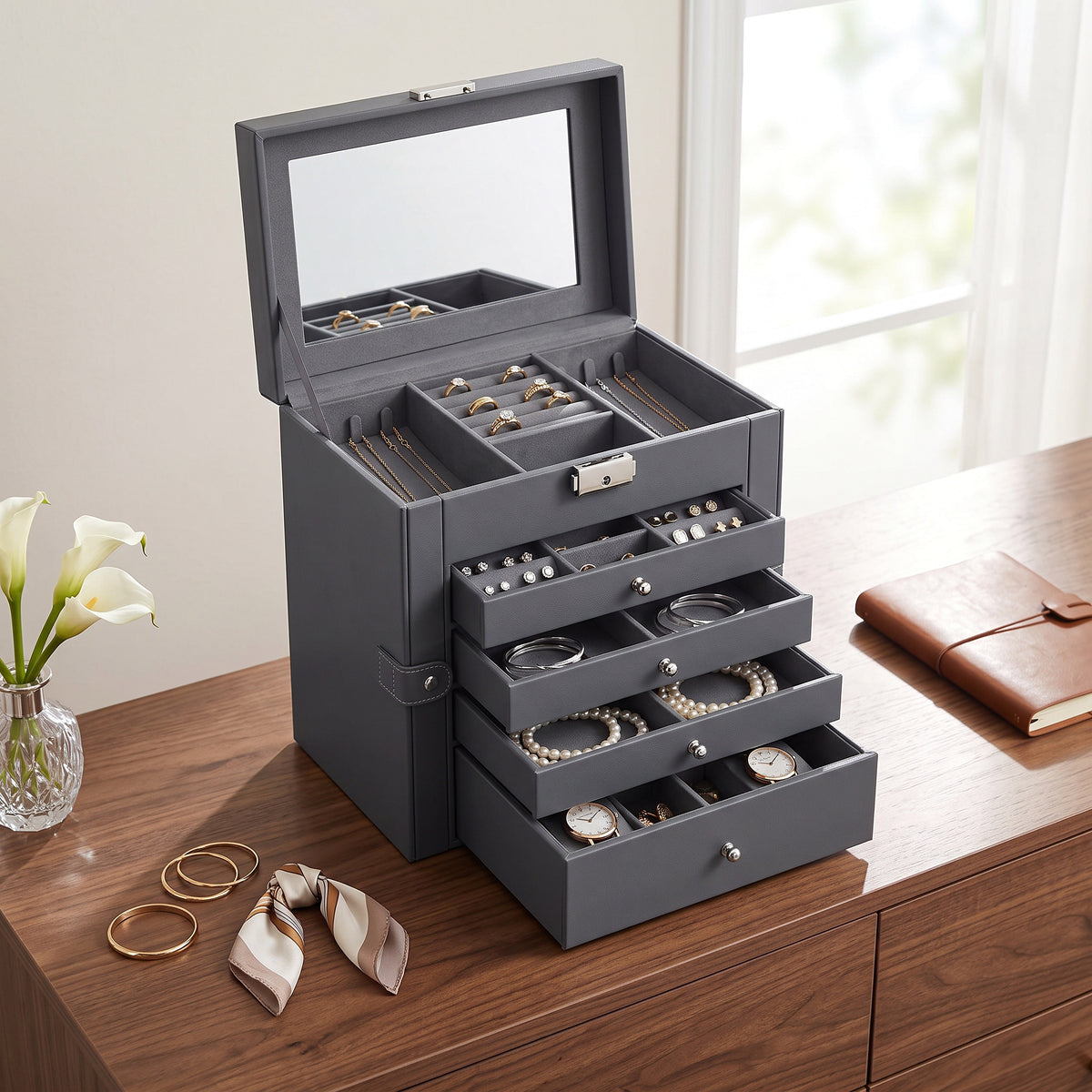 Stacked Six-Tier Jewelry Storage Box with Lock and Integrated Mirror