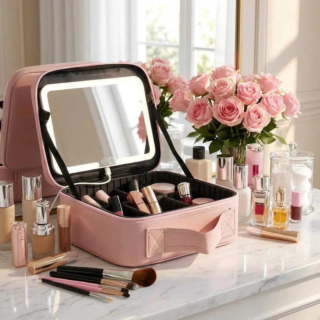 LED Mirror Makeup Organizer with USB Charging Port