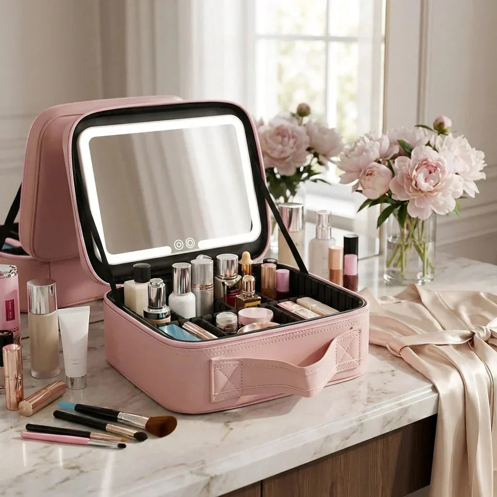 LED Mirror Makeup Organizer with USB Charging Port