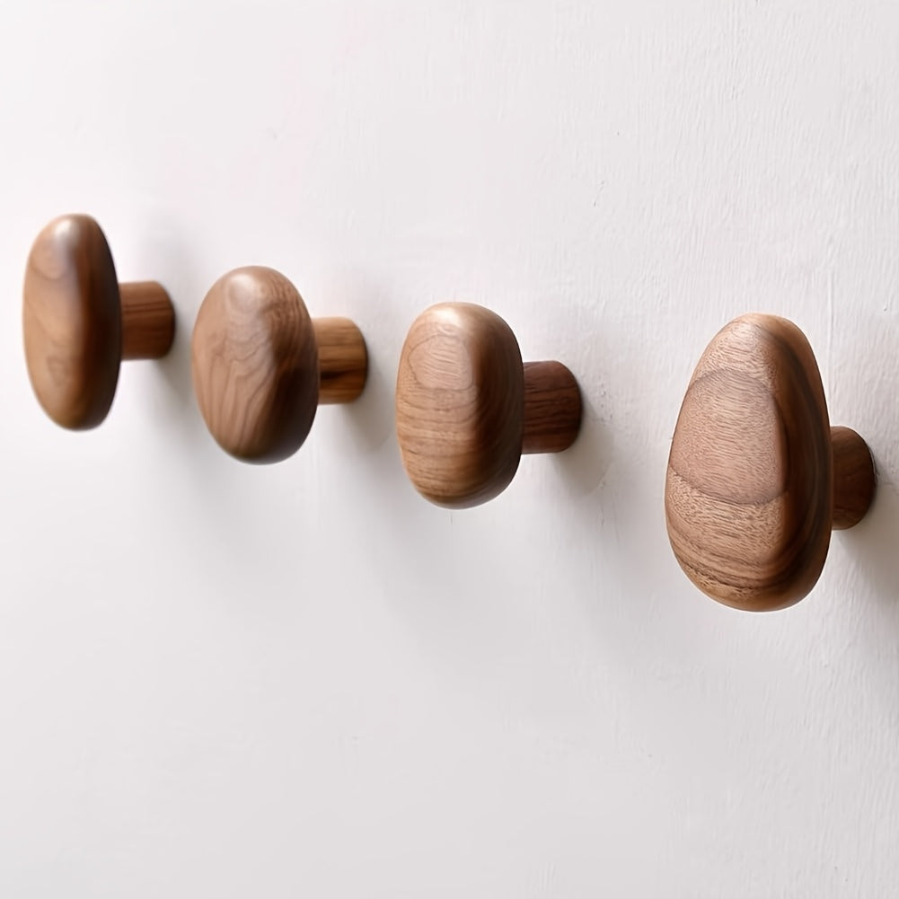 Set of 4 Natural Wooden Pebble Wall Hooks for Minimalist Decor