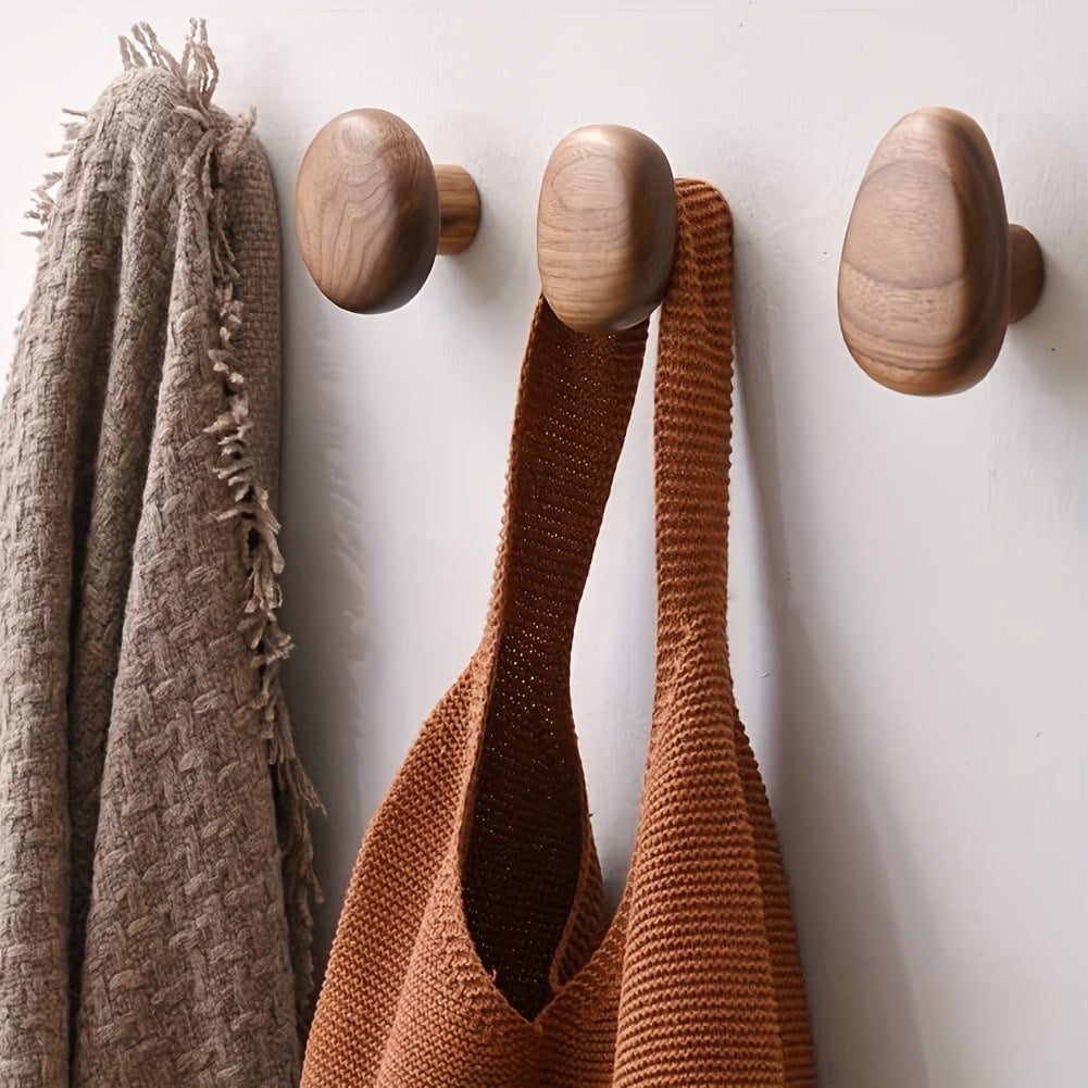 Set of 4 Natural Wooden Pebble Wall Hooks for Minimalist Decor