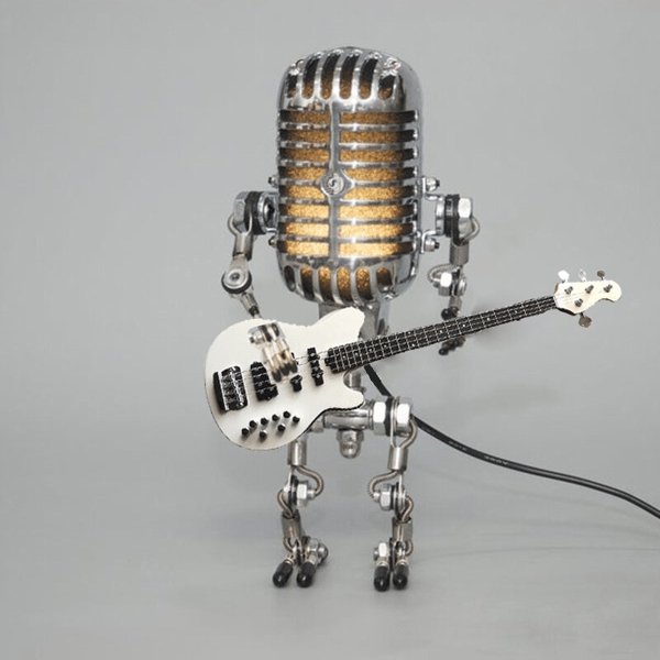 Retro Table Lamp Featuring Guitar Design and Vintage Microphone