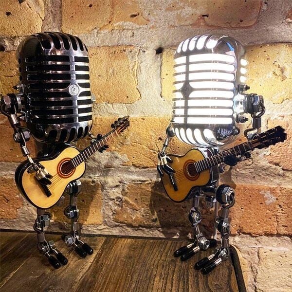 Retro Table Lamp Featuring Guitar Design and Vintage Microphone