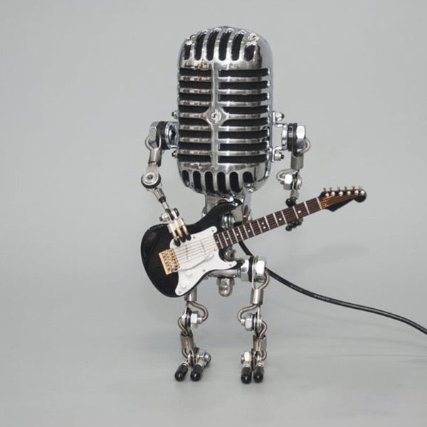 Retro Table Lamp Featuring Guitar Design and Vintage Microphone