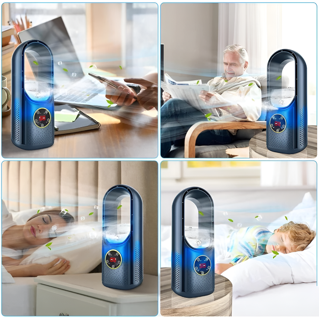 Desktop Air Cooler without Blades – USB Personal Fan with Humidifier and 6 Speeds, Night Light