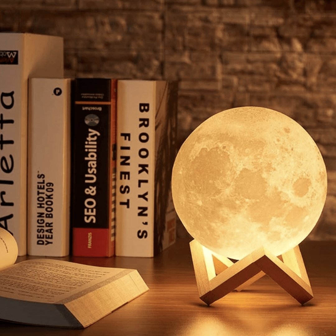 Touch-Controlled Moon Lamp with Wooden Base
