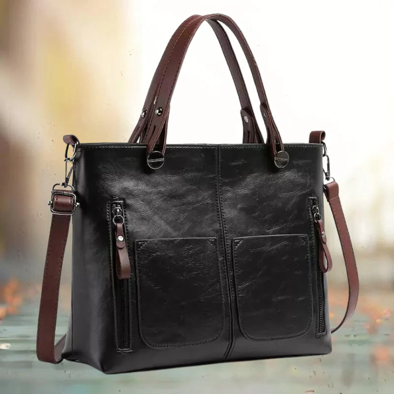 Stylish Leather Tote Bag Featuring Functional Front Pockets