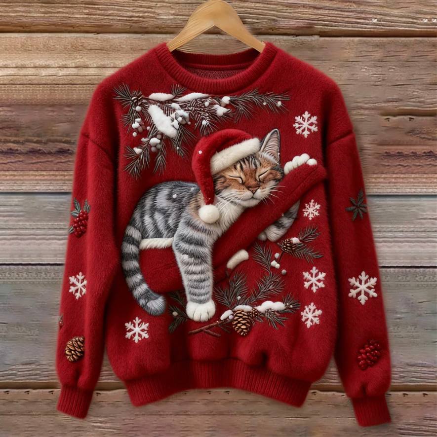 Cozy Holiday Pullover for Cats - 3D Appliqué Christmas Sweater
