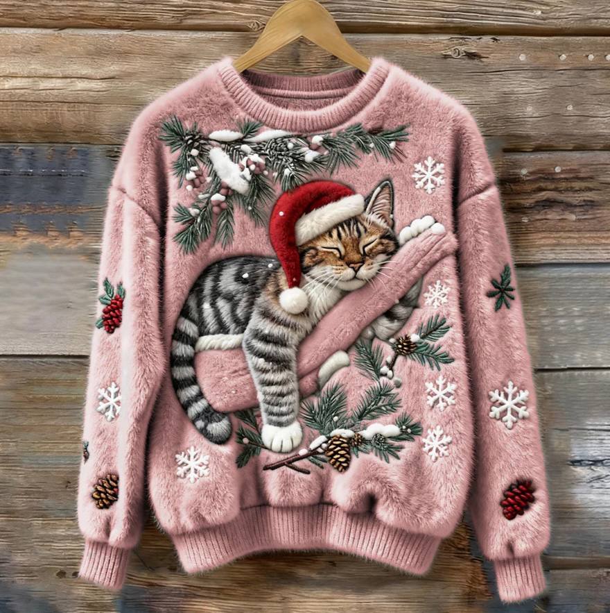 Cozy Holiday Pullover for Cats - 3D Appliqué Christmas Sweater
