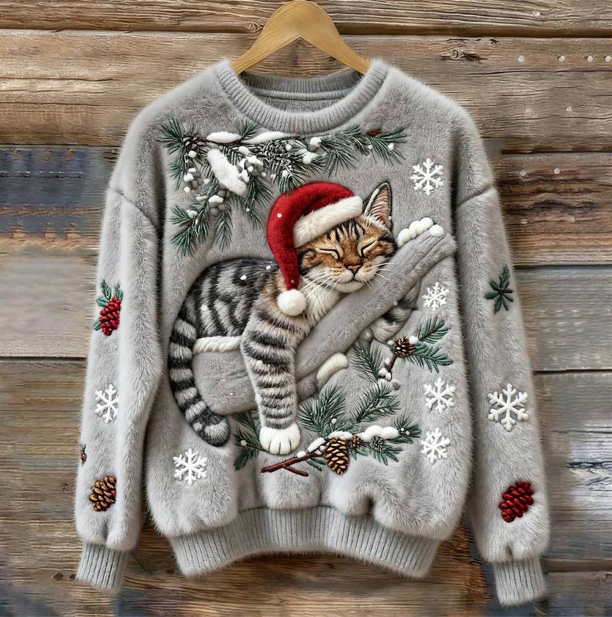 Cozy Holiday Pullover for Cats - 3D Appliqué Christmas Sweater