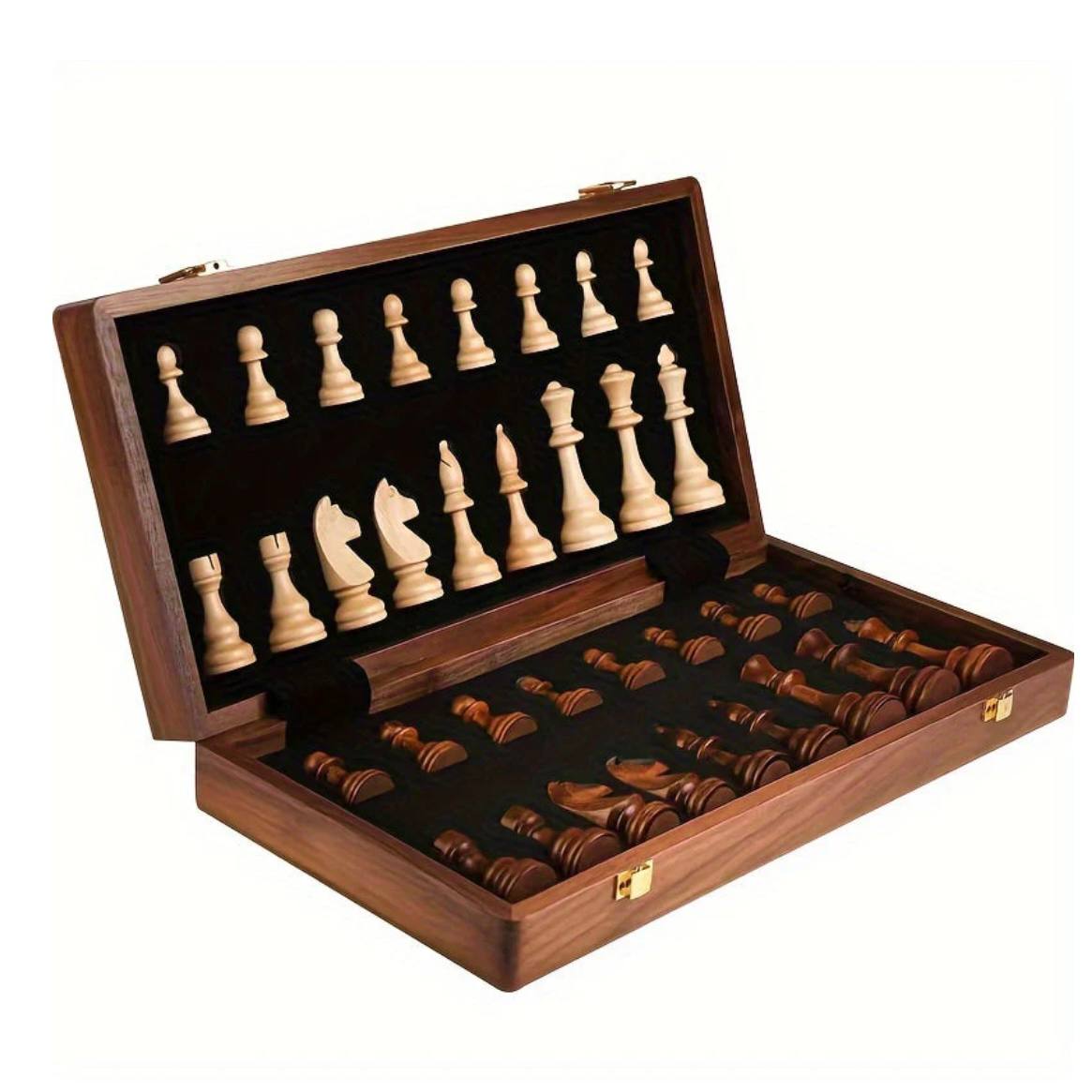 Folding Walnut Chess Board Set with Handcrafted Weighted Wooden Pieces