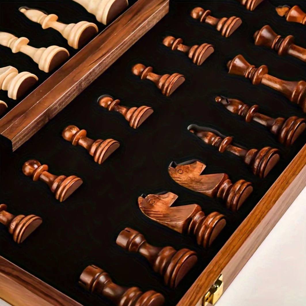 Folding Walnut Chess Board Set with Handcrafted Weighted Wooden Pieces