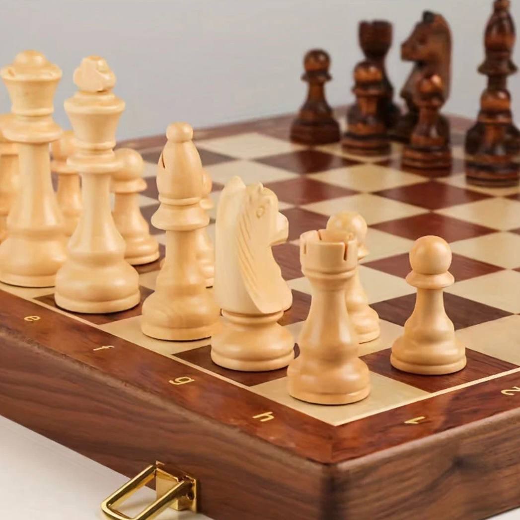 Folding Walnut Chess Board Set with Handcrafted Weighted Wooden Pieces