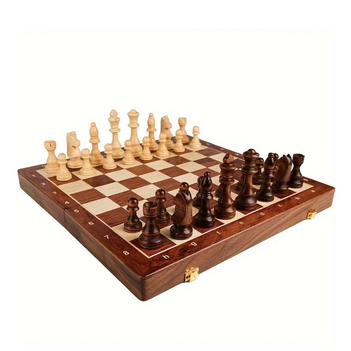 Folding Walnut Chess Board Set with Handcrafted Weighted Wooden Pieces
