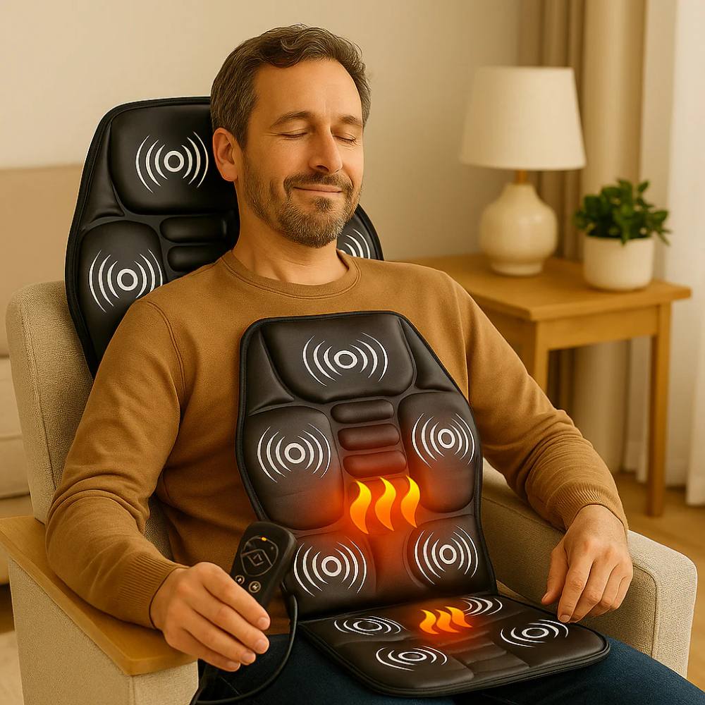 Massage Seat Cushion with Remote - Heat and Vibration for Back, Neck, Hips, 5 Zones