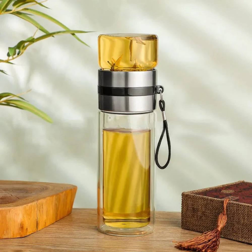 Insulated Glass Bottle with Tea Strainer – Portable and Clear