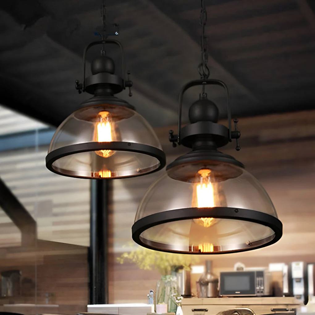Industrial Style Ceiling Lamp with Bowl-Shaped Glass Pendant