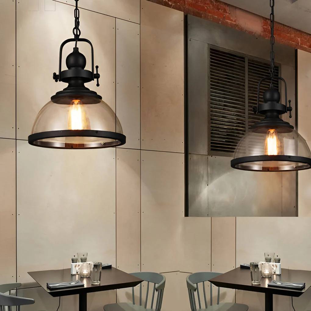 Industrial Style Ceiling Lamp with Bowl-Shaped Glass Pendant