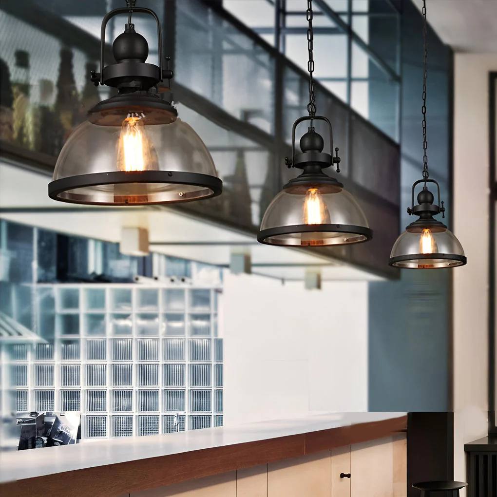 Industrial Style Ceiling Lamp with Bowl-Shaped Glass Pendant