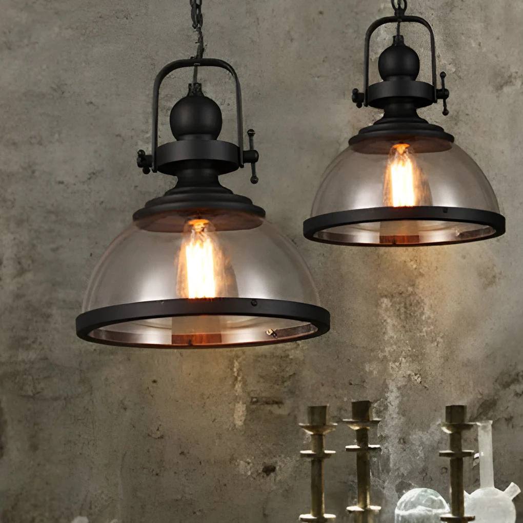 Industrial Style Ceiling Lamp with Bowl-Shaped Glass Pendant