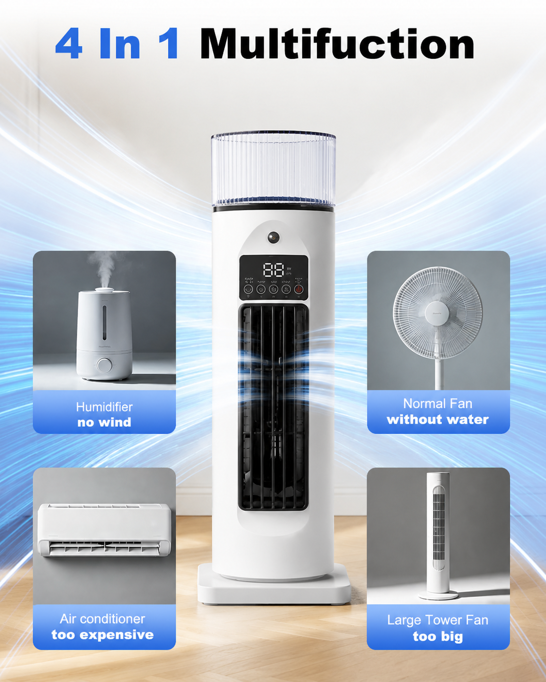 4-in-1 Portable Air Cooler with Timer and Remote – Evaporative Fan with Wide Oscillation