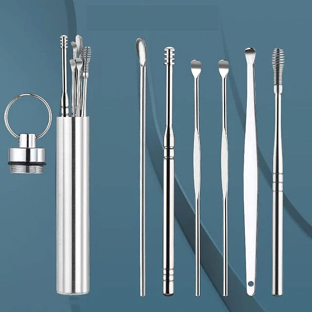 Stainless Steel Ear Wax Removal Set - 6 Tools with Keychain Holder