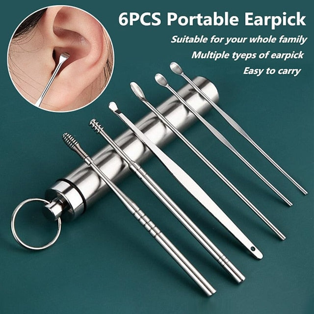 Stainless Steel Ear Wax Removal Set - 6 Tools with Keychain Holder