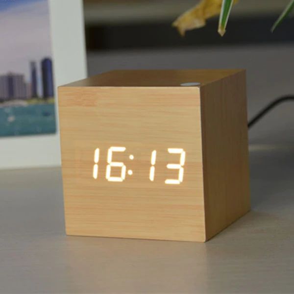 LED Display Wooden Cube Alarm Clock – Digital Time Indicator