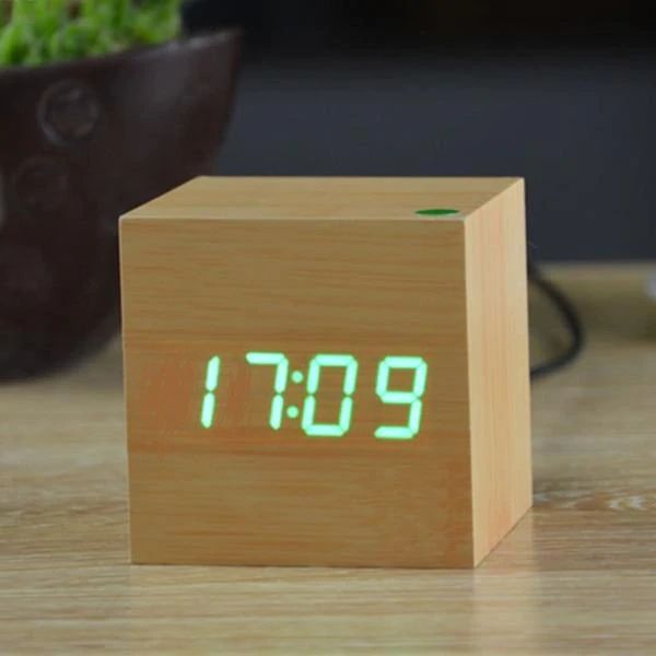 LED Display Wooden Cube Alarm Clock – Digital Time Indicator