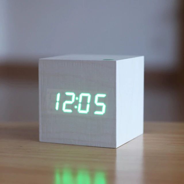 LED Display Wooden Cube Alarm Clock – Digital Time Indicator