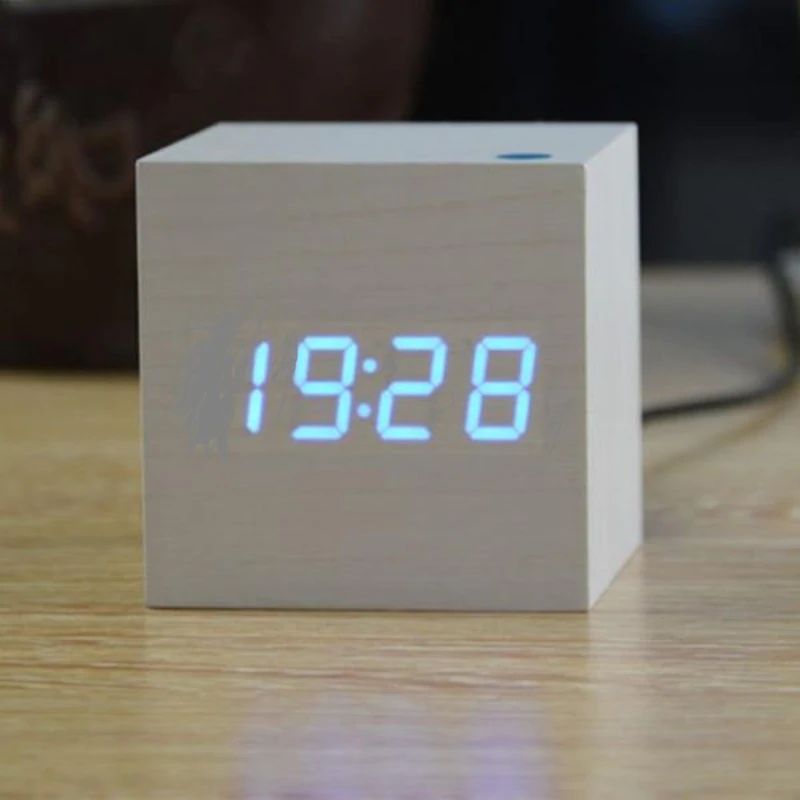 LED Display Wooden Cube Alarm Clock – Digital Time Indicator