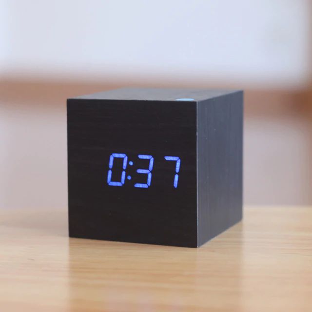 LED Display Wooden Cube Alarm Clock – Digital Time Indicator
