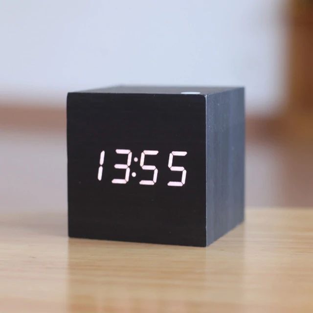 LED Display Wooden Cube Alarm Clock – Digital Time Indicator