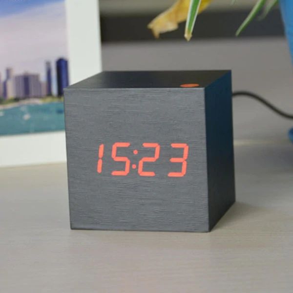 LED Display Wooden Cube Alarm Clock – Digital Time Indicator